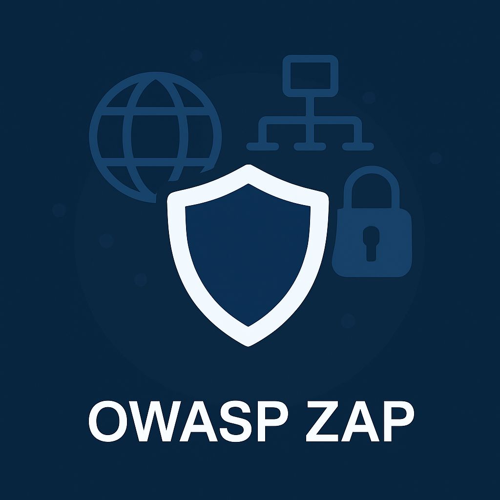 Ilustración minimalista de OWASP ZAP con íconos de ciberseguridad, red y protección web