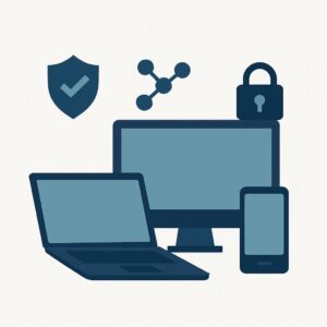 Ilustración minimalista de laptop, monitor y smartphone con íconos de ciberseguridad como candado y escudo